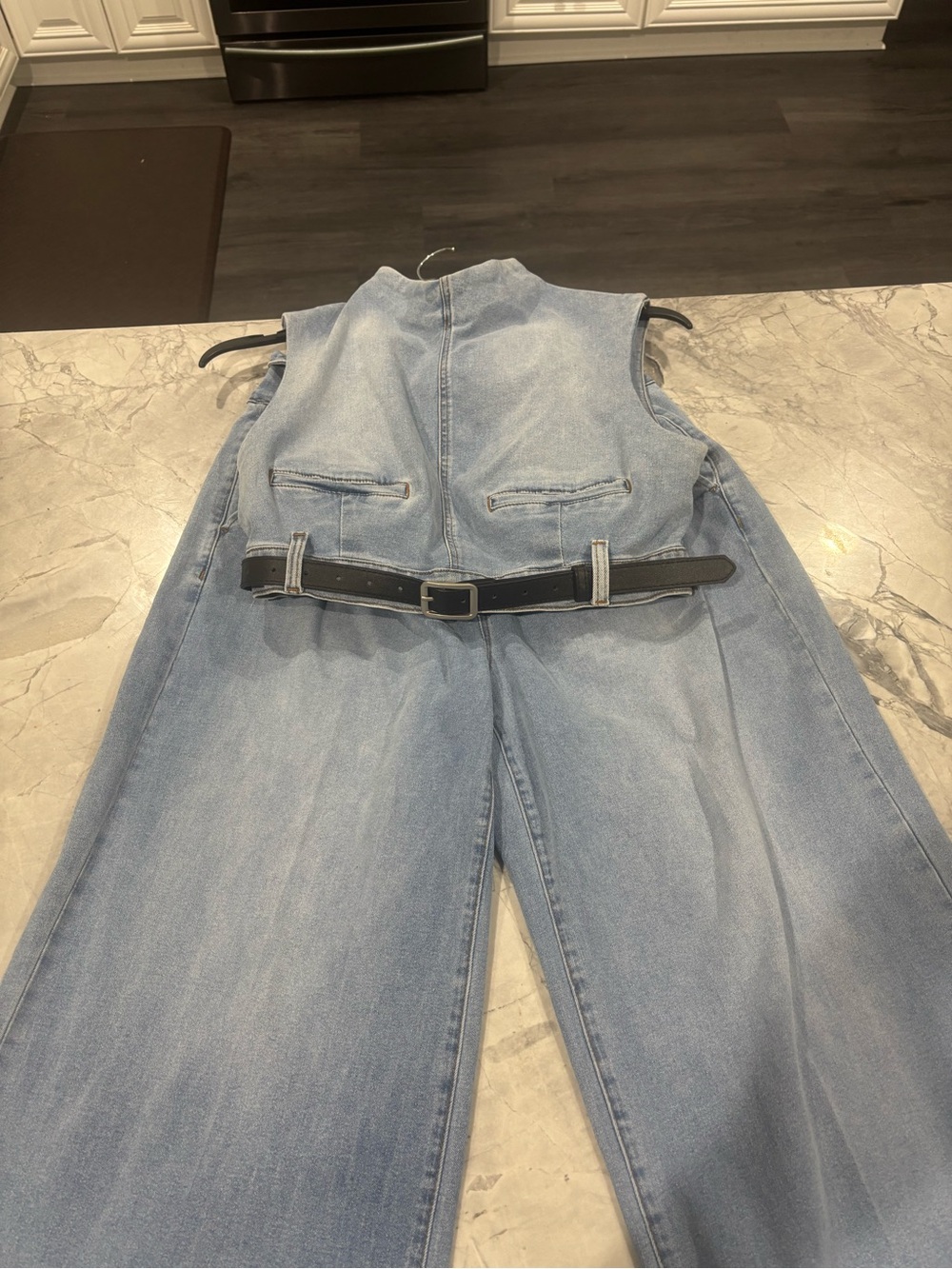 AKIRA High Neck Belted Denim Crop Vest Top & Wide-Leg Pants Set Size XL